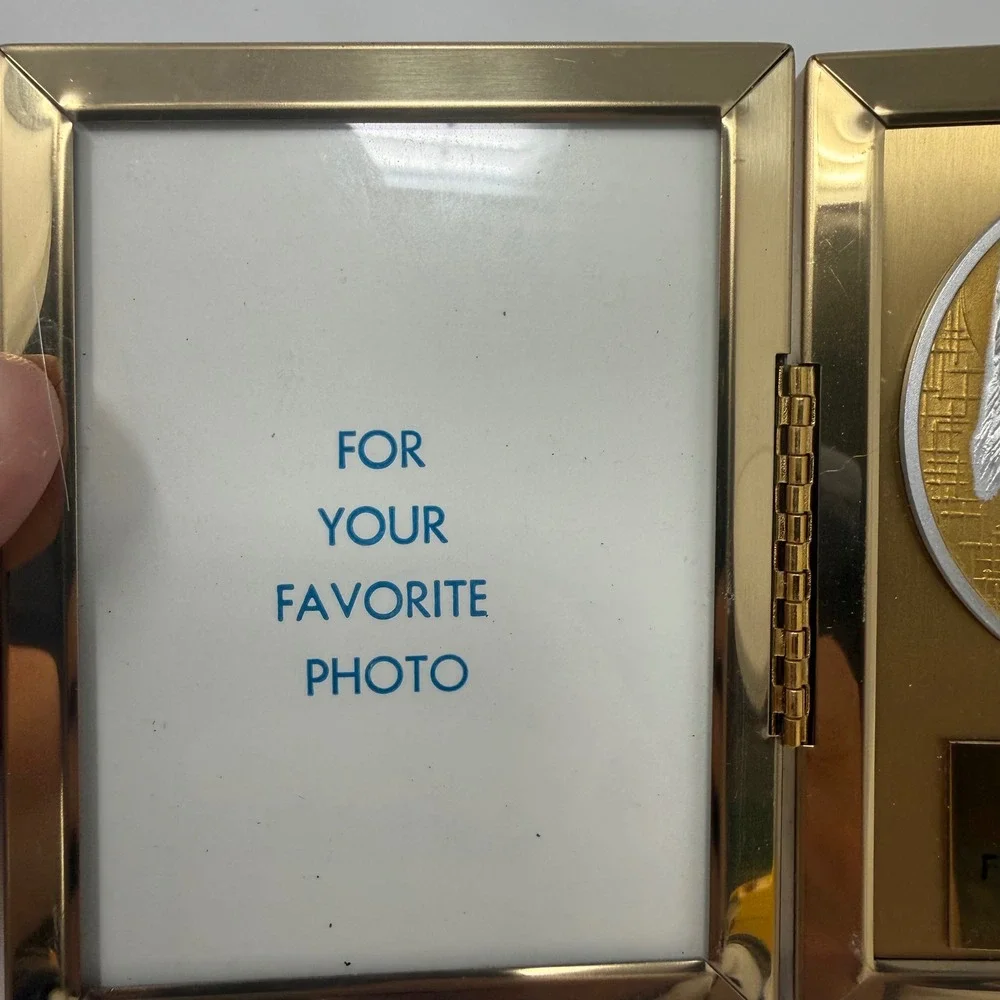 Vintage First Holy Communion Gold Tone Folding Picture Frame Religious Medallion